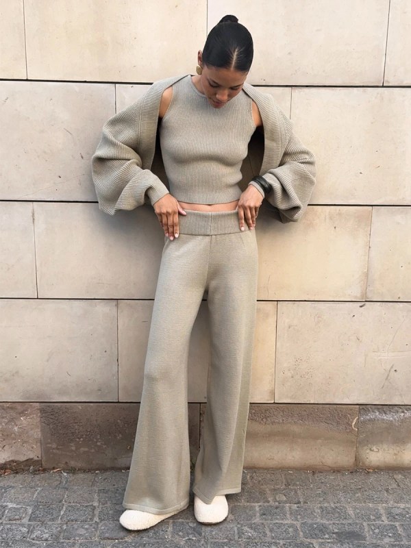 bornladies women's knitted three piece round neck sleeveless vest cardigan and wide leg pants set minimalist daily wear Bornladies Women's Knitted Three Piece Round Neck Sleeveless Vest Cardigan and Wide Leg Pants Set Minimalist Daily Wear