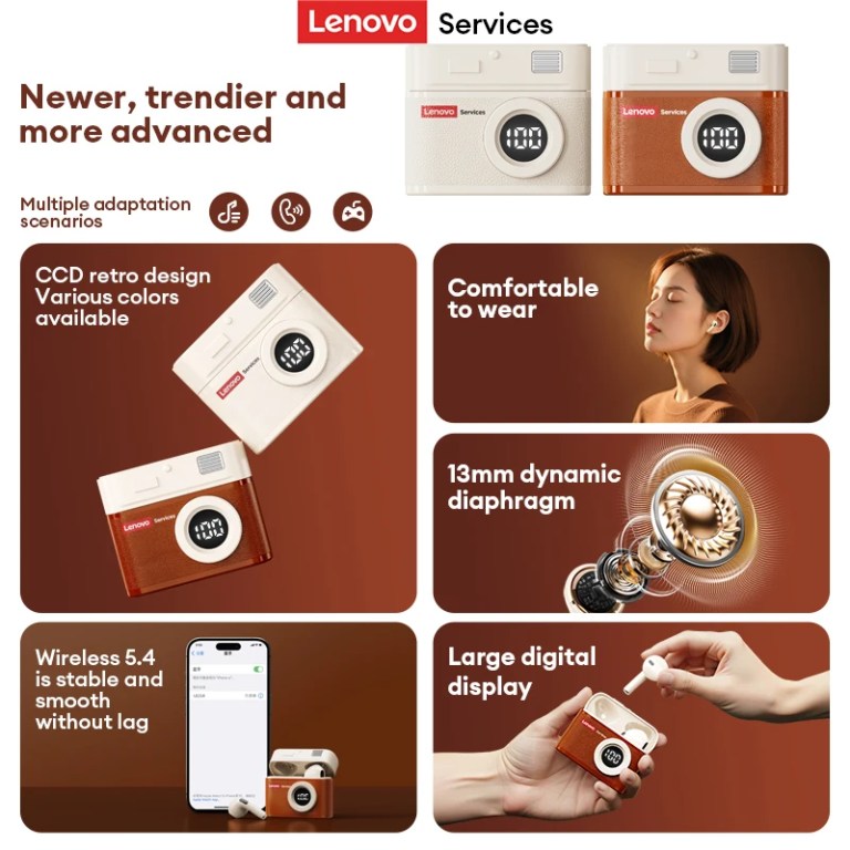 Lenovo LE218 Bluetooth 6.0 Vintage Leather Wireless Earbuds LED Digital Display Headphones ENC Noise Reducation Earphone for Mi 2