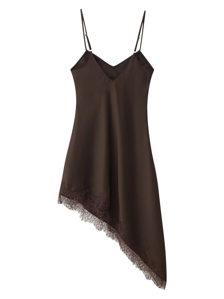 Zevity 2025 Women Elegant V Neck Solid Color Soft Satin Sling Dress Female Chic Hem Lace Stitching Asymmetrical Vestidos DS9458 2
