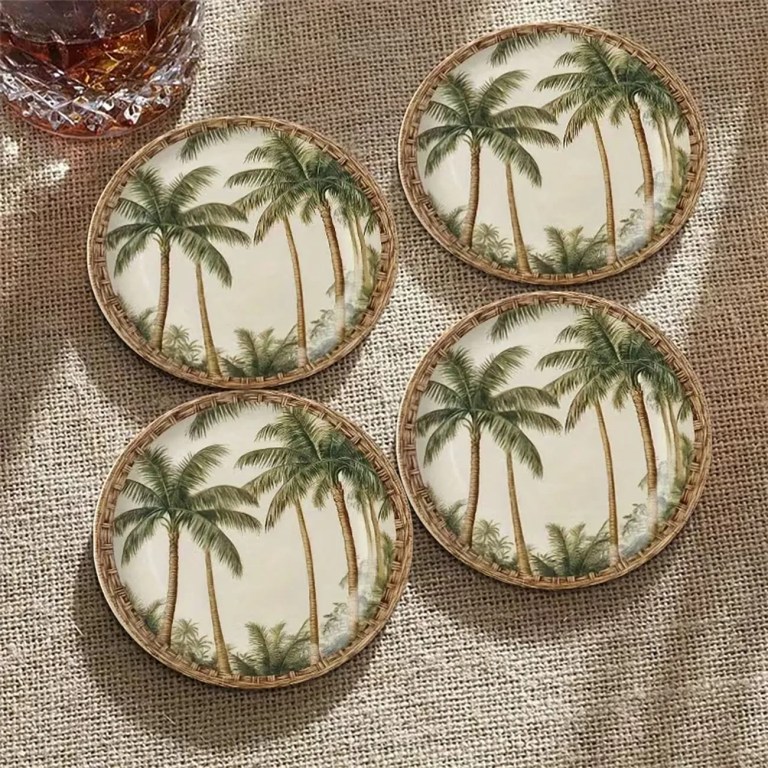 4Pcs Coastal Style Wooden Coasters, Tropical Palm Tree Coasters for Bar & Home Use