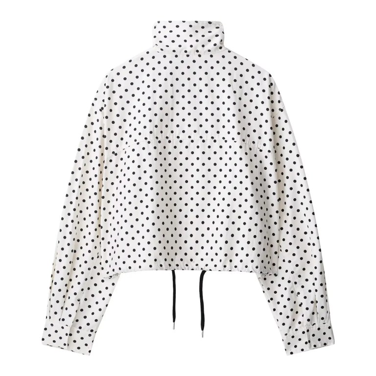 Zevity Women Fashion Stand Collar Polka Dots Print Casual Loose Coat Ladies Zipper Fly Leisure Jacket Hem Lace Up Tops CT9420 2