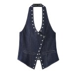 Zevity 2025 Women Vintage Rivet Design V Neck Denim Halter Blouse Femme Chic Backless Elastic Vest Shirt Slim Blusas Tops LS9434
