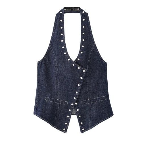 Zevity 2025 Women Vintage Rivet Design V Neck Denim Halter Blouse Femme Chic Backless Elastic Vest Shirt Slim Blusas Tops LS9434