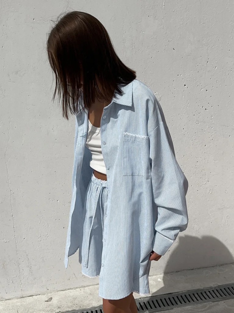 bornladies 2026 spring summer new cotton shirt set striped long sleeve shirt fashion casual lace short shorts Bornladies 2026 Spring Summer New Cotton Shirt Set Striped Long Sleeve Shirt Fashion Casual Lace Short Shorts 4