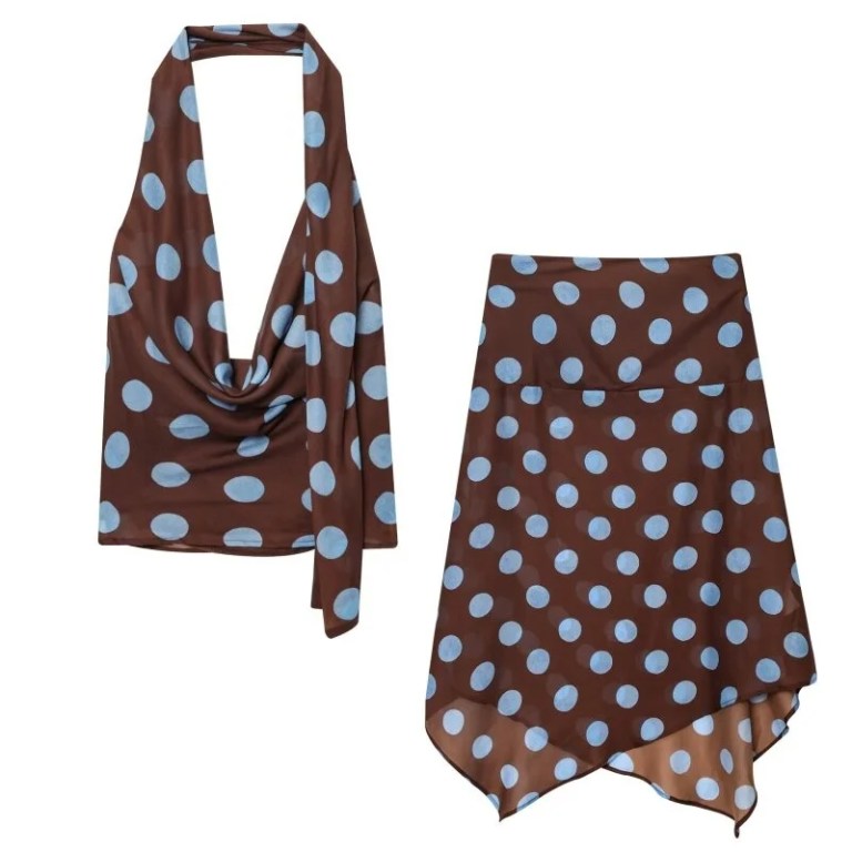 women's polka dot two piece set spring summer halter draped top&asymmetrical skirt, beach outfit for vacation&stylish photoshoot Women's Polka Dot Two Piece Set-Spring Summer Halter Draped Top&Asymmetrical Skirt, Beach Outfit for Vacation&Stylish Photoshoot