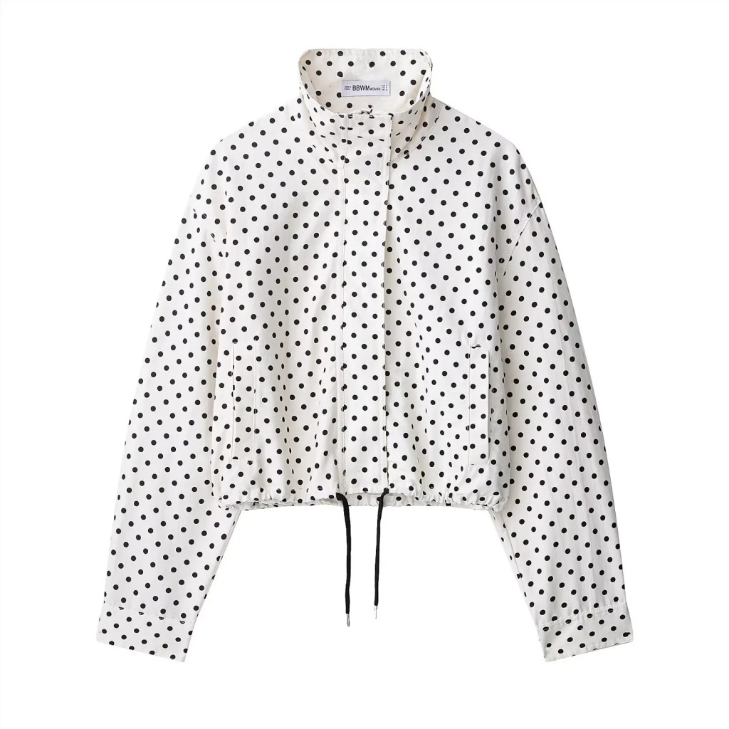 Zevity Women Fashion Stand Collar Polka Dots Print Casual Loose Coat Ladies Zipper Fly Leisure Jacket Hem Lace Up Tops CT9420