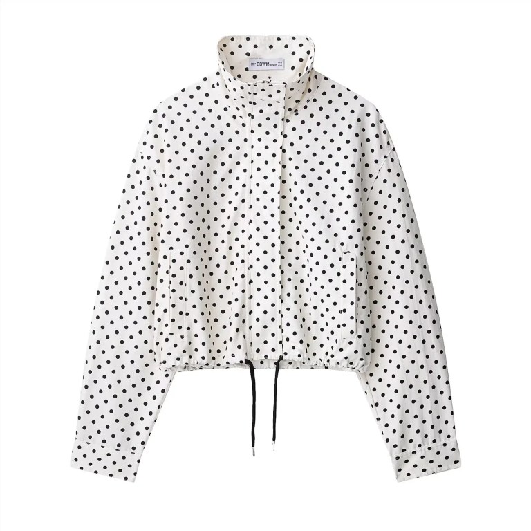 Zevity Women Fashion Stand Collar Polka Dots Print Casual Loose Coat Ladies Zipper Fly Leisure Jacket Hem Lace Up Tops CT9420
