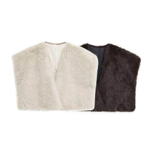 Zevity 2026 Women Fashion Solid Color Faux Fur Effective Open Stitching Cape Vest Jacket Lady Winter Short WaistCoat Tops CT9511