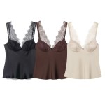 Zevity Women Sexy Deep V Neck Lace Patchwork Soft Satin Smock Blouse Female Inner Style Club Wear Shirt Blusas Chic Tops LS9505 1