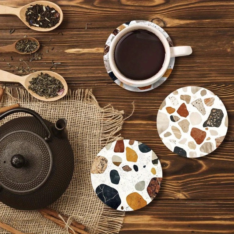 6 Pieces 2D Wooden Coasters Printed Stone Pattern Theme Desktop Insulation Mats Home Decor Coffee Cup Coasters Office 2