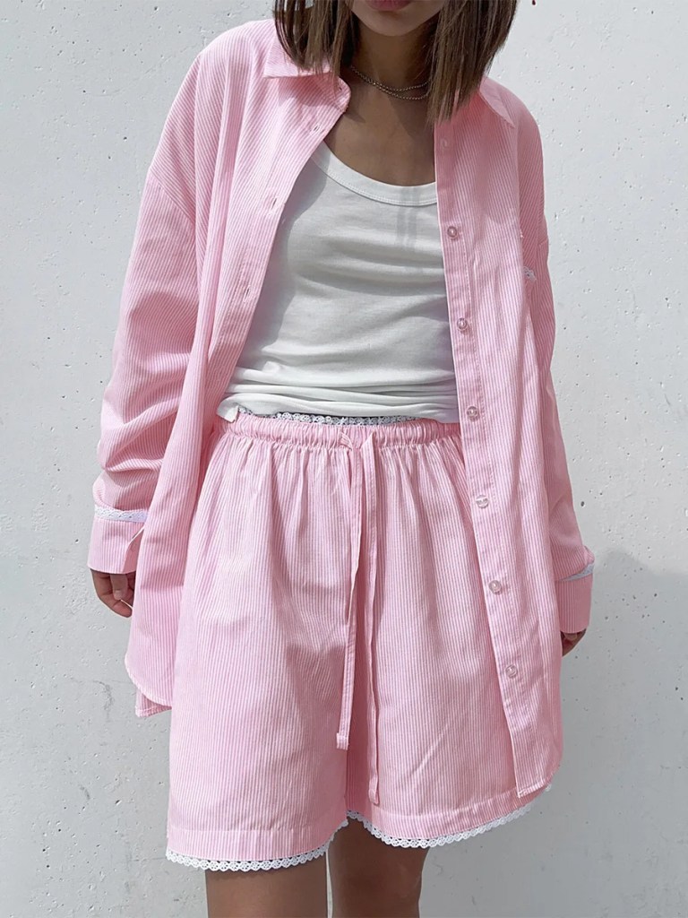 bornladies 2026 spring summer new cotton shirt set striped long sleeve shirt fashion casual lace short shorts Bornladies 2026 Spring Summer New Cotton Shirt Set Striped Long Sleeve Shirt Fashion Casual Lace Short Shorts 2
