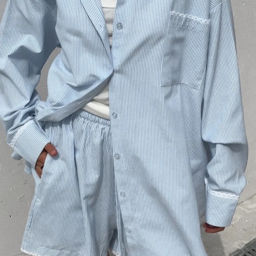 bornladies 2026 spring summer new cotton shirt set striped long sleeve shirt fashion casual lace short shorts Bornladies 2026 Spring Summer New Cotton Shirt Set Striped Long Sleeve Shirt Fashion Casual Lace Short Shorts