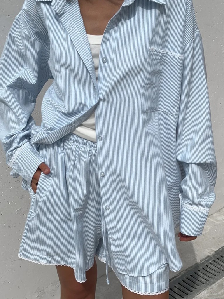 bornladies 2026 spring summer new cotton shirt set striped long sleeve shirt fashion casual lace short shorts Bornladies 2026 Spring Summer New Cotton Shirt Set Striped Long Sleeve Shirt Fashion Casual Lace Short Shorts