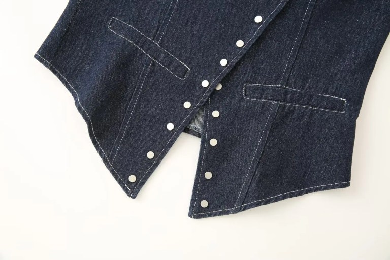 Zevity 2025 Women Vintage Rivet Design V Neck Denim Halter Blouse Femme Chic Backless Elastic Vest Shirt Slim Blusas Tops LS9434 4