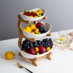 carla home 3 tier ceramic fruit bowl basket with bamboo stand for kitchen counter, snack tray, dessert server & vegetable storage rack