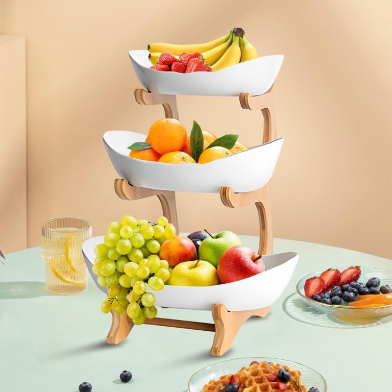 carla home 3 tier ceramic fruit bowl basket with bamboo stand for kitchen counter, snack tray, dessert server & vegetable storage rack