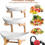 carla home 3 tier ceramic fruit bowl basket with bamboo stand for kitchen counter, snack tray, dessert server & vegetable storage rack