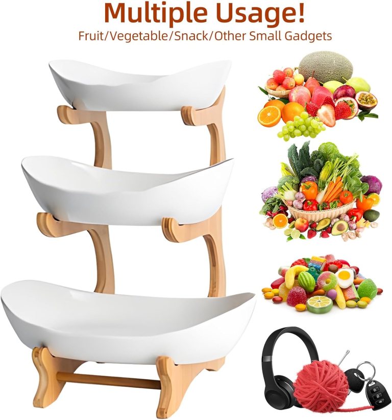 carla home 3 tier ceramic fruit bowl basket with bamboo stand for kitchen counter, snack tray, dessert server & vegetable storage rack