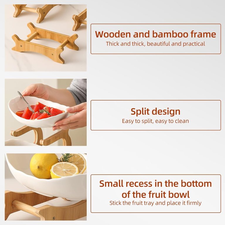 carla home 3 tier ceramic fruit bowl basket with bamboo stand for kitchen counter, snack tray, dessert server & vegetable storage rack