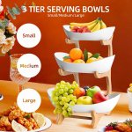 carla home 3 tier ceramic fruit bowl basket with bamboo stand for kitchen counter, snack tray, dessert server & vegetable storage rack