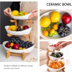 carla home 3 tier ceramic fruit bowl basket with bamboo stand for kitchen counter, snack tray, dessert server & vegetable storage rack