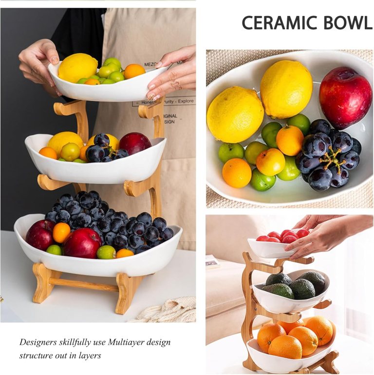 carla home 3 tier ceramic fruit bowl basket with bamboo stand for kitchen counter, snack tray, dessert server & vegetable storage rack