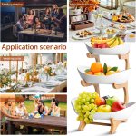 carla home 3 tier ceramic fruit bowl basket with bamboo stand for kitchen counter, snack tray, dessert server & vegetable storage rack