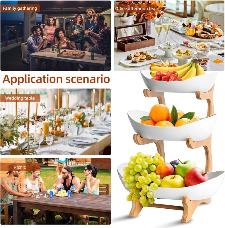 carla home 3 tier ceramic fruit bowl basket with bamboo stand for kitchen counter, snack tray, dessert server & vegetable storage rack