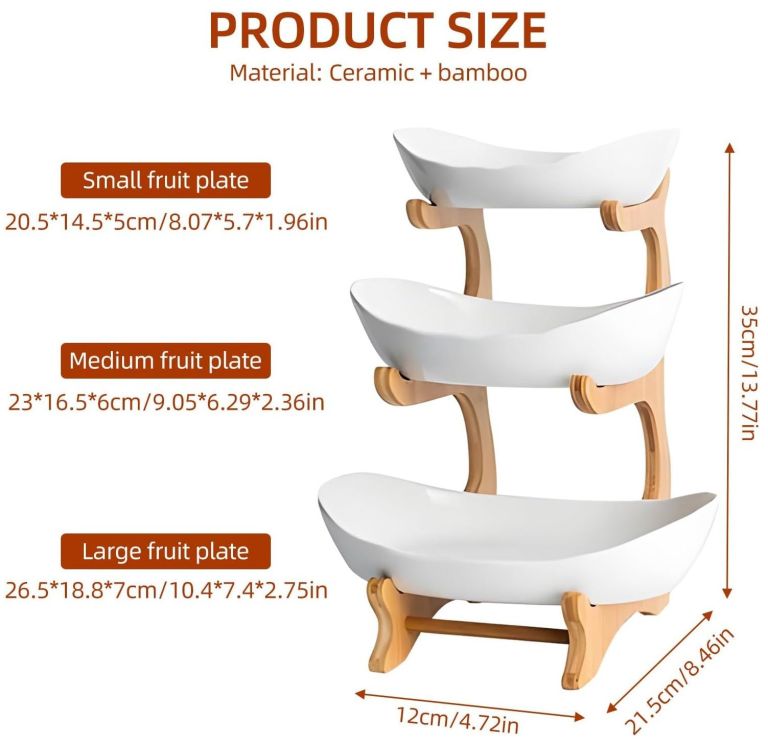 carla home 3 tier ceramic fruit bowl basket with bamboo stand for kitchen counter, snack tray, dessert server & vegetable storage rack