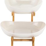 carla home 2 tier ceramic fruit bowl basket with bamboo stand for kitchen counter, snack tray, dessert server & vegetable storage rack