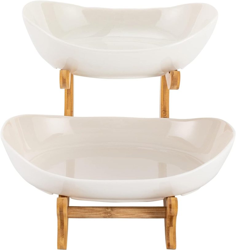 carla home 2 tier ceramic fruit bowl basket with bamboo stand for kitchen counter, snack tray, dessert server & vegetable storage rack