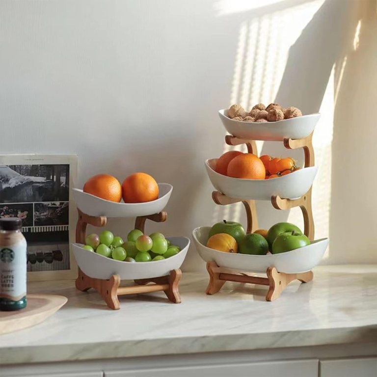 carla home 2 tier ceramic fruit bowl basket with bamboo stand for kitchen counter, snack tray, dessert server & vegetable storage rack