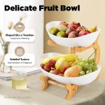 carla home 2 tier ceramic fruit bowl basket with bamboo stand for kitchen counter, snack tray, dessert server & vegetable storage rack