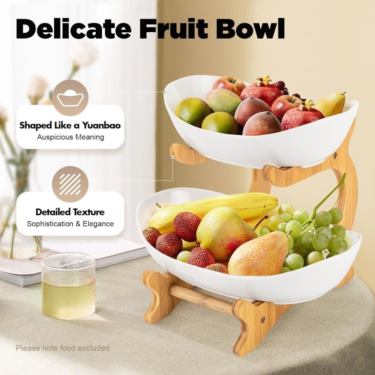 carla home 2 tier ceramic fruit bowl basket with bamboo stand for kitchen counter, snack tray, dessert server & vegetable storage rack