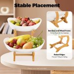 carla home 2 tier ceramic fruit bowl basket with bamboo stand for kitchen counter, snack tray, dessert server & vegetable storage rack