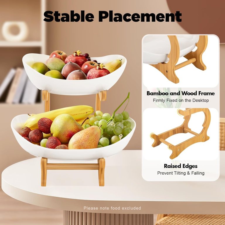 carla home 2 tier ceramic fruit bowl basket with bamboo stand for kitchen counter, snack tray, dessert server & vegetable storage rack