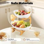 carla home 2 tier ceramic fruit bowl basket with bamboo stand for kitchen counter, snack tray, dessert server & vegetable storage rack