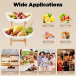 carla home 2 tier ceramic fruit bowl basket with bamboo stand for kitchen counter, snack tray, dessert server & vegetable storage rack
