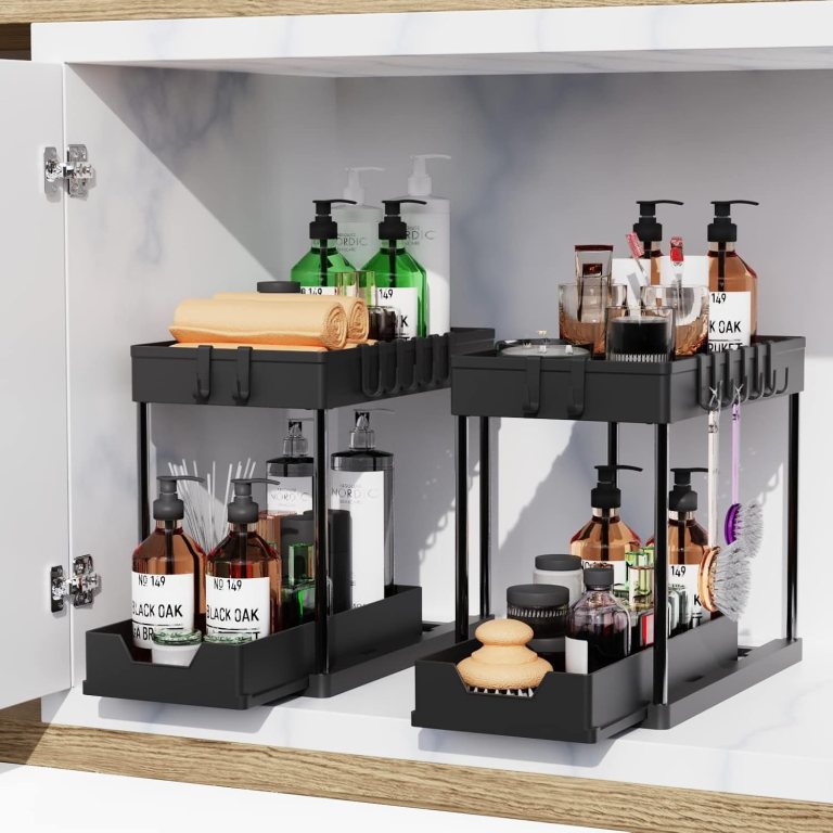 carla home 2 pack under sink organizer with pull out basket and hooks for bathroom & kitchen