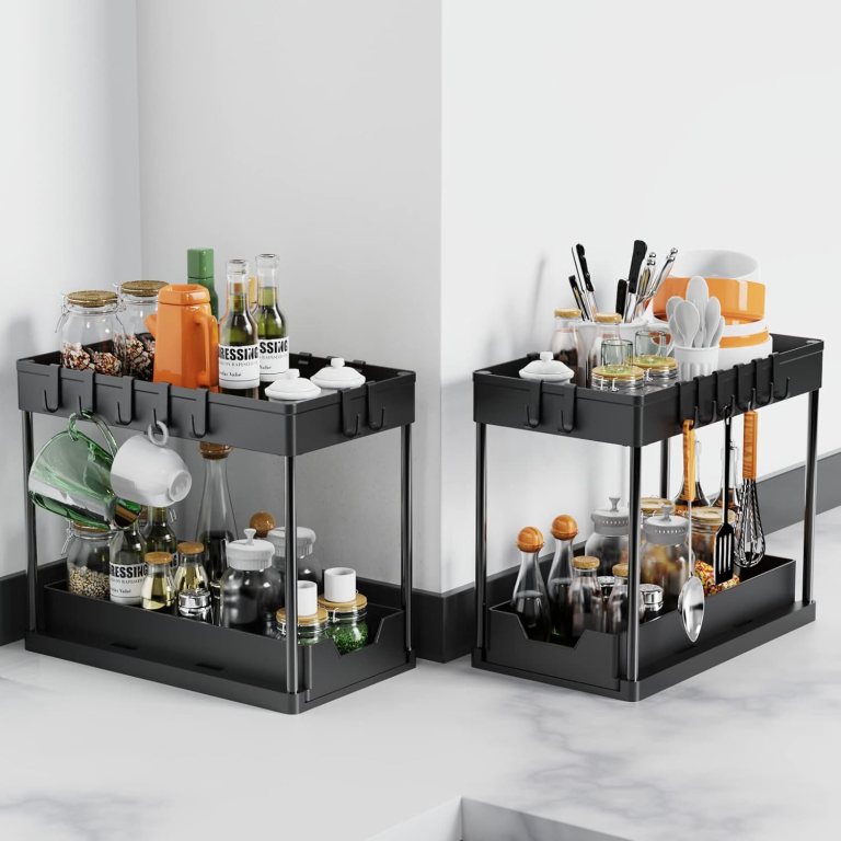 carla home 2 pack under sink organizer with pull out basket and hooks for bathroom & kitchen