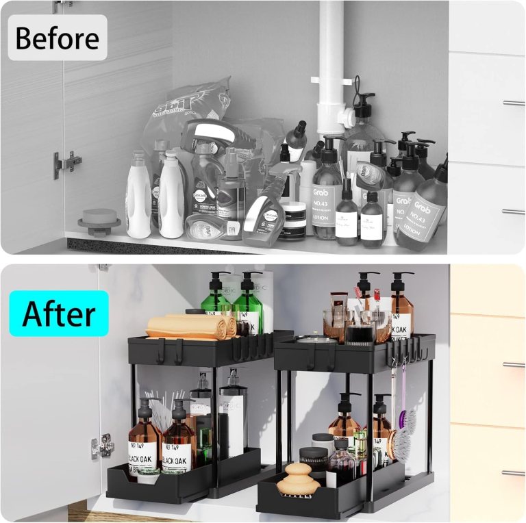 carla home 2 pack under sink organizer with pull out basket and hooks for bathroom & kitchen