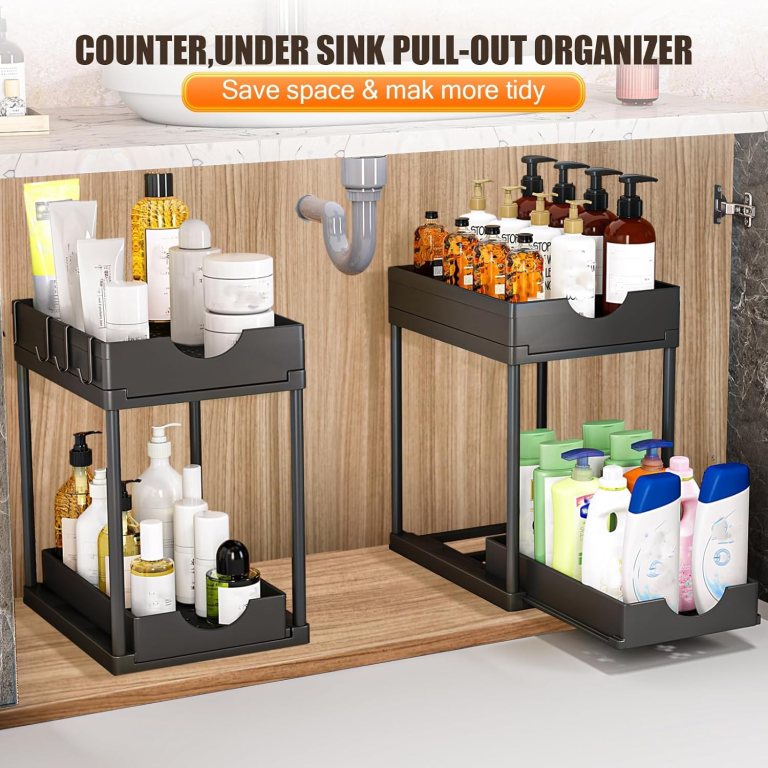 carla home 2 pack under sink organizer with pull out basket and hooks for bathroom & kitchen