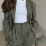 Bornladies Women's Two-piece Suit with Lapel Button Casual Long Sleeved Top and Shorts Set for Daily Commuting and Street Wear 5