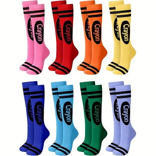 1 Pair of Socks with Random Colors, Football Socks, Sports Socks, Basketball Socks, Pure Cotton, Sweat-Absorbent, Breathable, Odor-Free, Crayon Socks, Colorful Striped Over-The-Knee Socks, Fashionable and Novel, Soft and Snug, Women's Socks, Sock Accessories, Costume Party Props, Long Tube Calf Socks