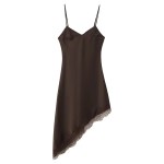 Zevity 2025 Women Elegant V Neck Solid Color Soft Satin Sling Dress Female Chic Hem Lace Stitching Asymmetrical Vestidos DS9458