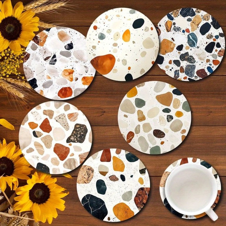 6 Pieces 2D Wooden Coasters Printed Stone Pattern Theme Desktop Insulation Mats Home Decor Coffee Cup Coasters Office 1