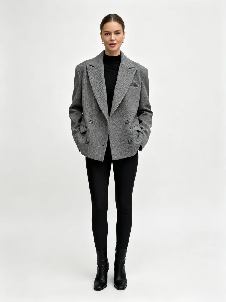 Bornladies Women's Single Breasted Open Collar Textured Suit with Fashionable Pockets, Elegant Office and Business Jacket Outfit 1