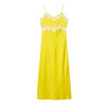 Zevity Women Sexy Sleeveless Lace Stitching Yellow Soft Satin Long Dress Female Chic Spaghetti Strap Brand Party Vestidos DS9414