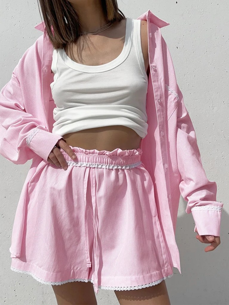 bornladies 2026 spring summer new cotton shirt set striped long sleeve shirt fashion casual lace short shorts Bornladies 2026 Spring Summer New Cotton Shirt Set Striped Long Sleeve Shirt Fashion Casual Lace Short Shorts 3