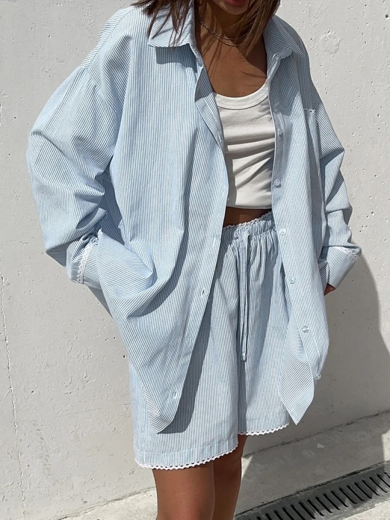 bornladies 2026 spring summer new cotton shirt set striped long sleeve shirt fashion casual lace short shorts Bornladies 2026 Spring Summer New Cotton Shirt Set Striped Long Sleeve Shirt Fashion Casual Lace Short Shorts 5